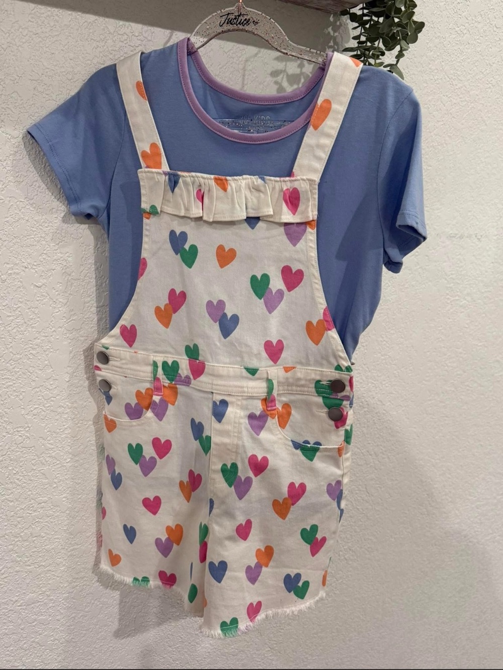 Kids Heart Print Cream Short Overalls with Blue Tee